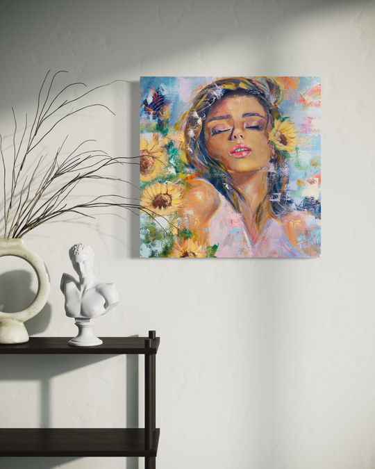 Her and sunflowers, original painting