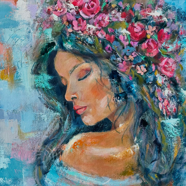Her, crowned in flowers - Original Painting