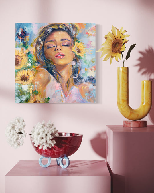 Her and sunflowers, original painting