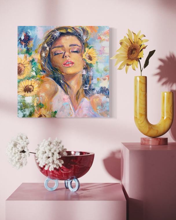 Her and sunflowers, original painting
