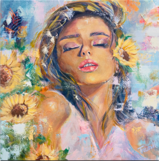 Her and sunflowers, original painting