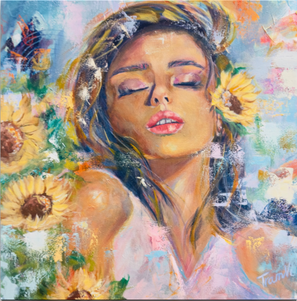 Her and sunflowers, original painting